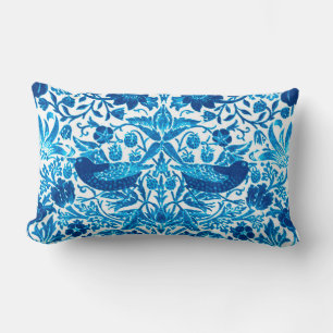 Art Nouveau Bird and Flower Tapestry, Blue & White Lumbar Pillow