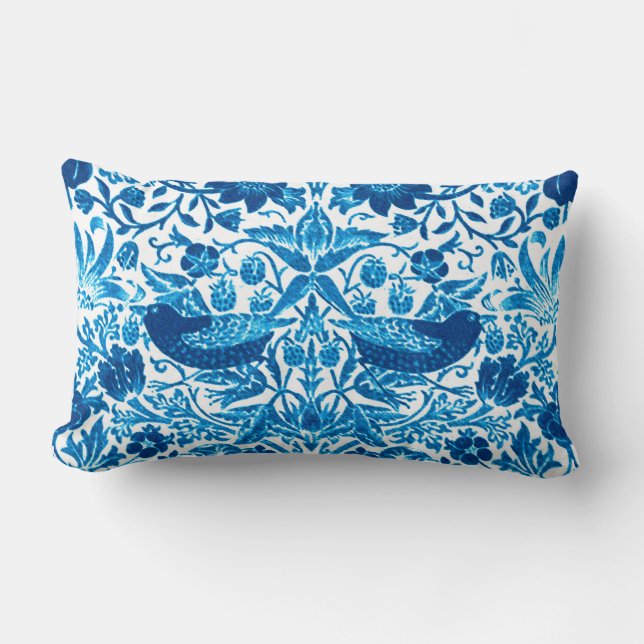Art Nouveau Bird and Flower Tapestry, Blue & White Lumbar Pillow (Front)
