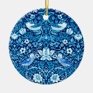 Art Nouveau Bird and Flower Tapestry, Dark Blue    Ceramic Ornament