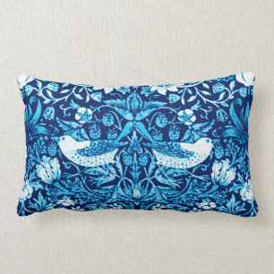 Art Nouveau Bird and Flower Tapestry, Dark Blue Lumbar Pillow