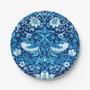 Art Nouveau Bird and Flower Tapestry, Dark Blue Paper Plate