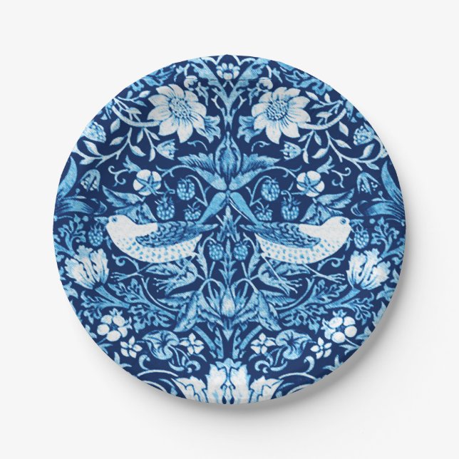 Art Nouveau Bird and Flower Tapestry, Dark Blue Paper Plate (Front)
