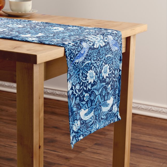 Art Nouveau Bird and Flower Tapestry, Dark Blue Short Table Runner (In Situ)