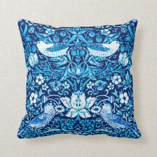 Art Nouveau Bird and Flower Tapestry, Dark Blue Throw Pillow
