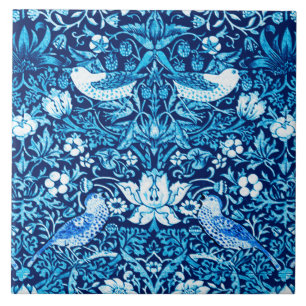 Art Nouveau Bird and Flower Tapestry, Dark Blue Tile