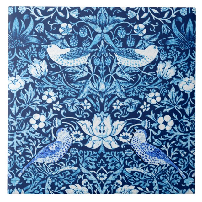 Art Nouveau Bird and Flower Tapestry, Dark Blue Tile (Front)