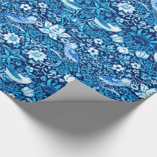 Art Nouveau Bird and Flower Tapestry, Dark Blue Wrapping Paper