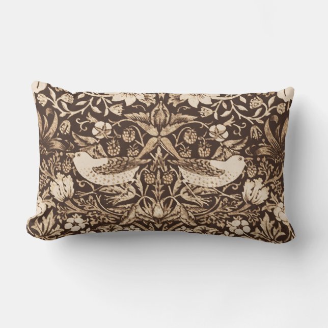 Art Nouveau Bird and Flower Tapestry, Dark Brown Lumbar Pillow (Front)