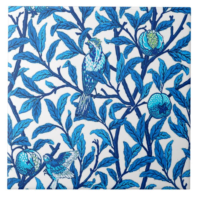 Art Nouveau Bird and Pomegranate, Cobalt Blue Tile (Front)