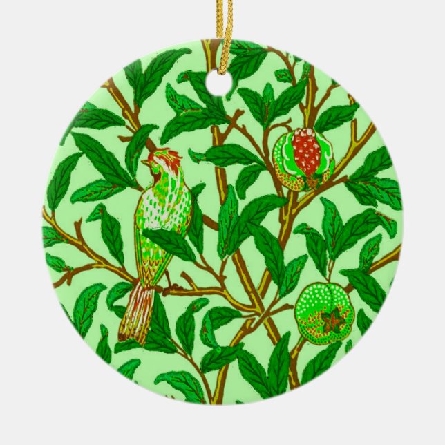 Art Nouveau Bird and Pomegranate, Lime Green  Ceramic Ornament (Front)