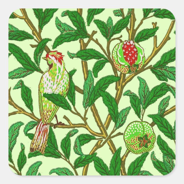 Art Nouveau Bird and Pomegranate, Lime Green Square Sticker (Front)