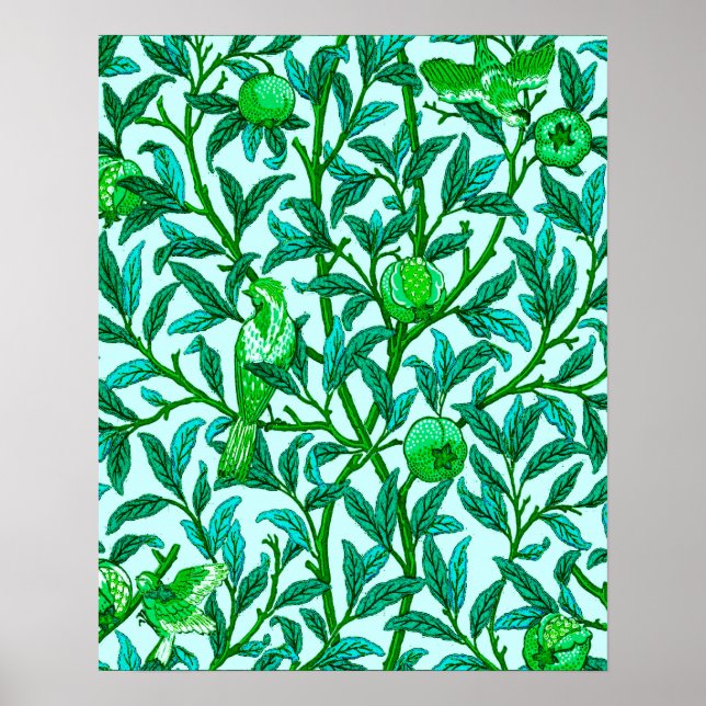 Art Nouveau Bird and Pomegranate, Turquoise & Aqua Poster (Front)