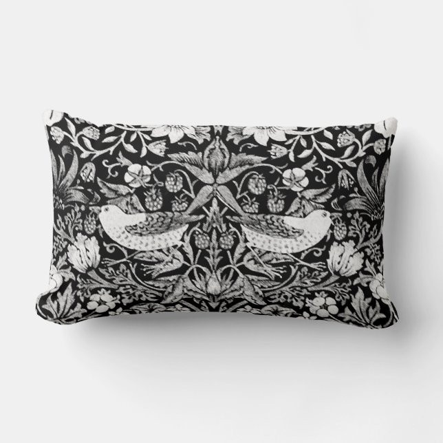 Art Nouveau Bird &  Flower Tapestry, Black & White Lumbar Pillow (Front)