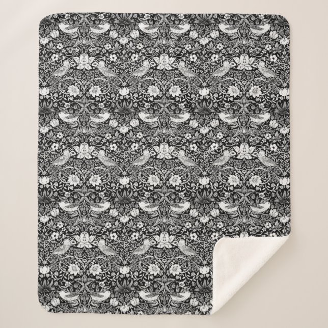Art Nouveau Bird & Flower Tapestry, Black & White Sherpa Blanket (Front)