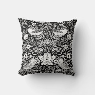Art Nouveau Bird &  Flower Tapestry, Black & White Throw Pillow