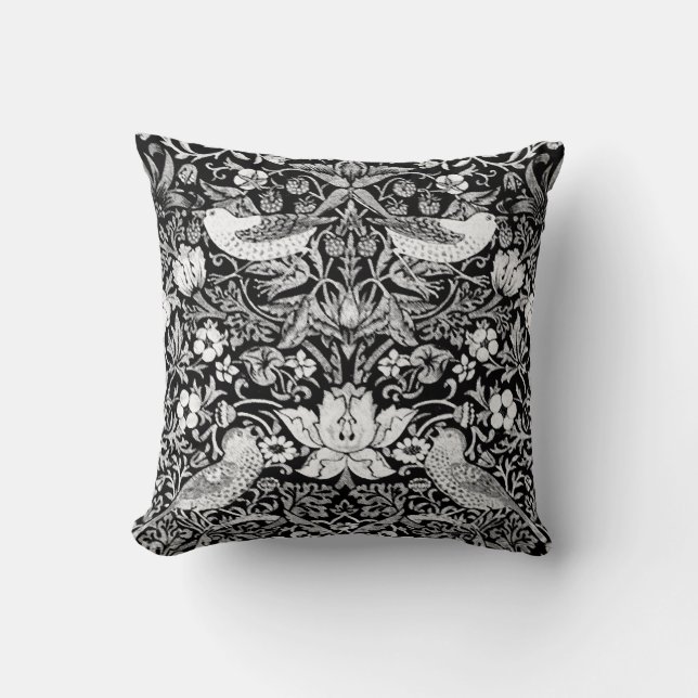 Art Nouveau Bird &  Flower Tapestry, Black & White Throw Pillow (Front)