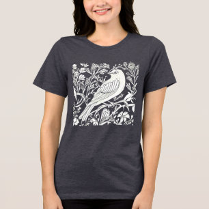 Art Nouveau Bird on a Branch with Flowers in White Tri-Blend Shirt