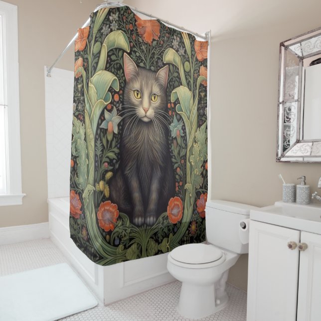 Art nouveau black cat and red flowers (In Situ)