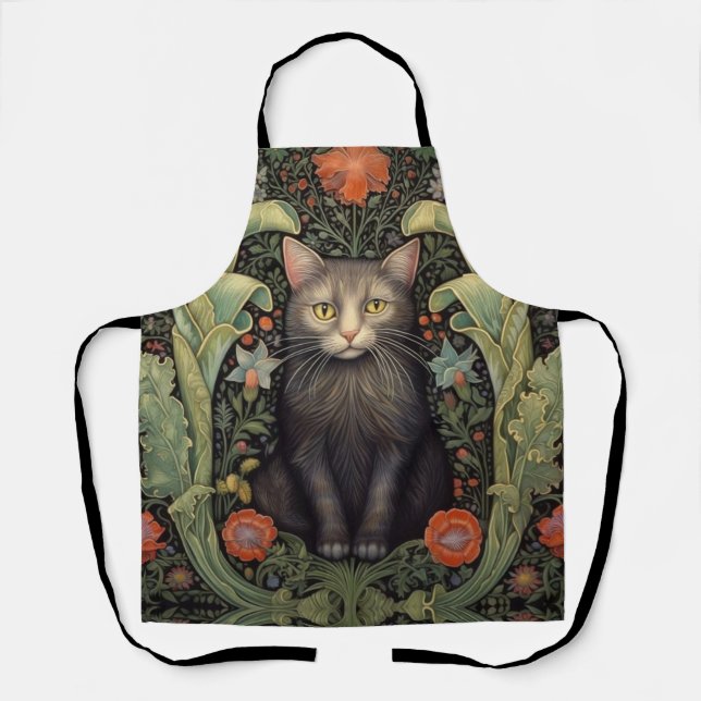 Art nouveau black cat and red flowers apron (Front)