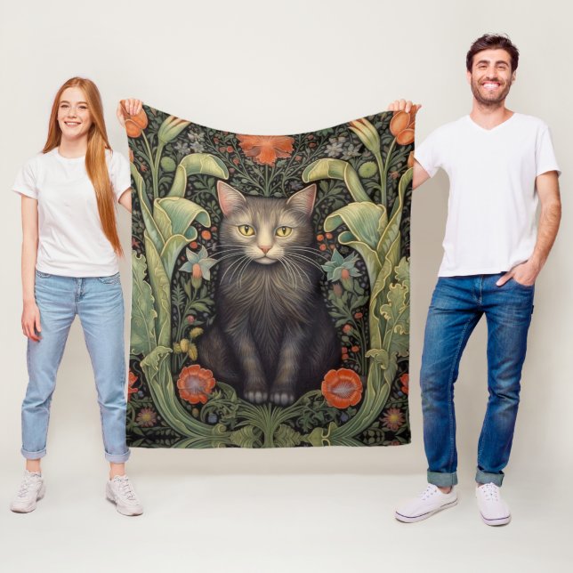 Art nouveau black cat and red flowers fleece blanket (In Situ)