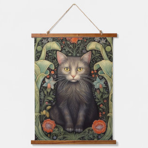 Art nouveau black cat and red flowers hanging tapestry