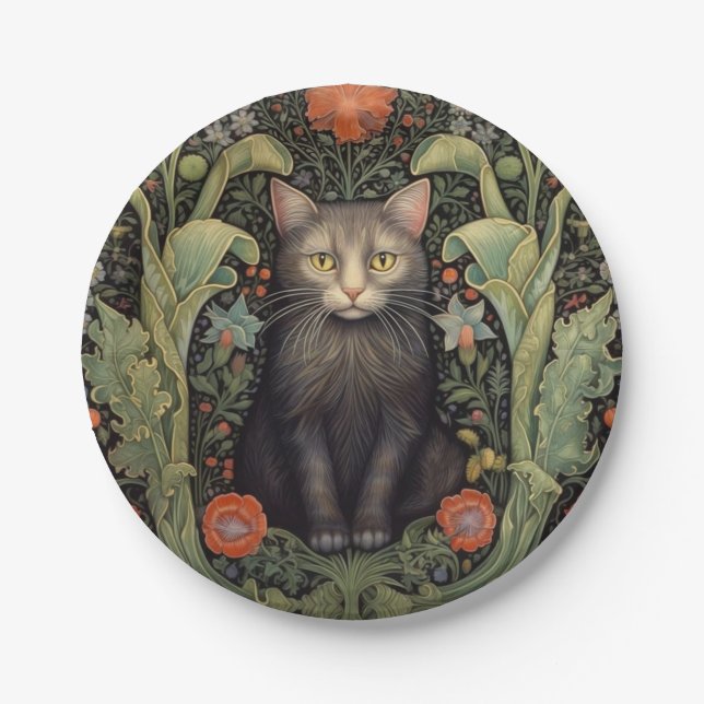 Art nouveau black cat and red flowers paper plate (Front)
