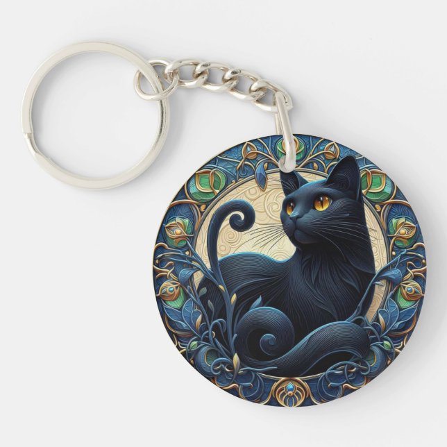 Art Nouveau Black Cat Celtic Key Chain (Front)