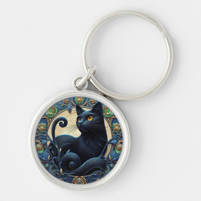 Art Nouveau Black Cat Celtic Key Chain (Front)