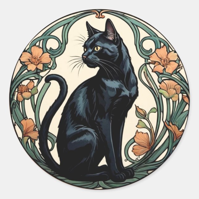 Art Nouveau Black Cat Classic Round Sticker (Front)