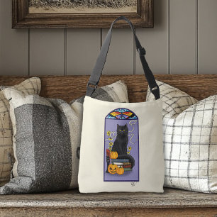 Art Nouveau Black Cat Pumpkin Purple Autumn Yellow Crossbody Bag