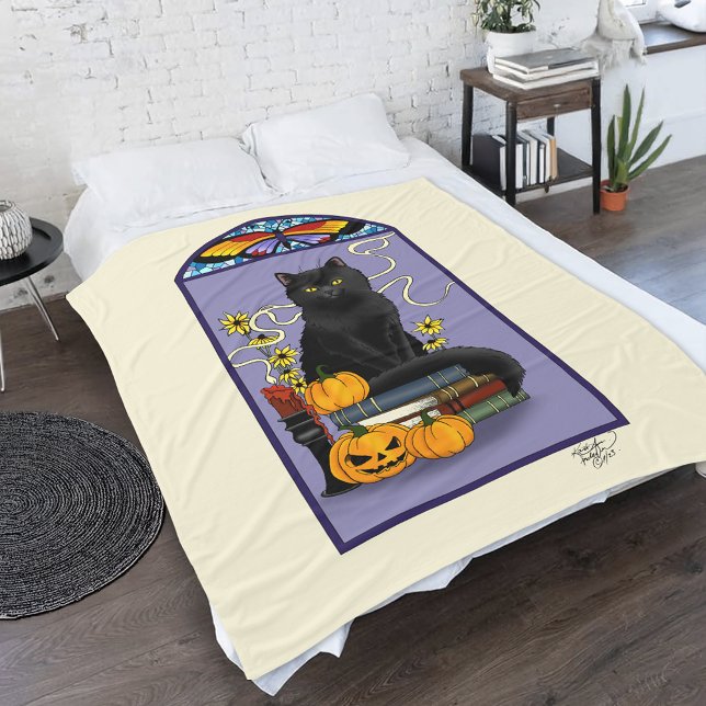 Art Nouveau Black Cat Pumpkin Purple Autumn Yellow Fleece Blanket (Creator Uploaded)