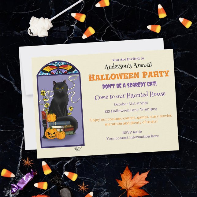 Art Nouveau Black Cat Pumpkin Purple Autumn Yellow Invitation (Creator Uploaded)