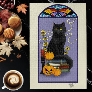 Art Nouveau Black Cat Pumpkin Purple Autumn Yellow Jigsaw Puzzle