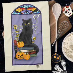Art Nouveau Black Cat Pumpkin Purple Autumn Yellow Kitchen Towel