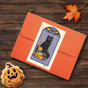 Art Nouveau Black Cat Pumpkin Purple Autumn Yellow Sticker