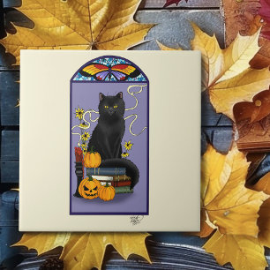 Art Nouveau Black Cat Pumpkin Purple Autumn Yellow Tile