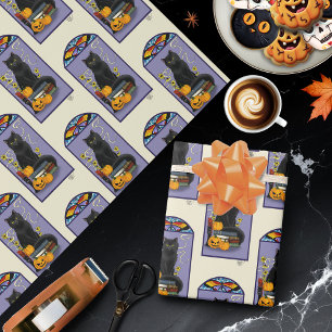 Art Nouveau Black Cat Pumpkin Purple Autumn Yellow Wrapping Paper