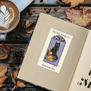 Art Nouveau Black Cat Pumpkin Purple Bookplate Sticker