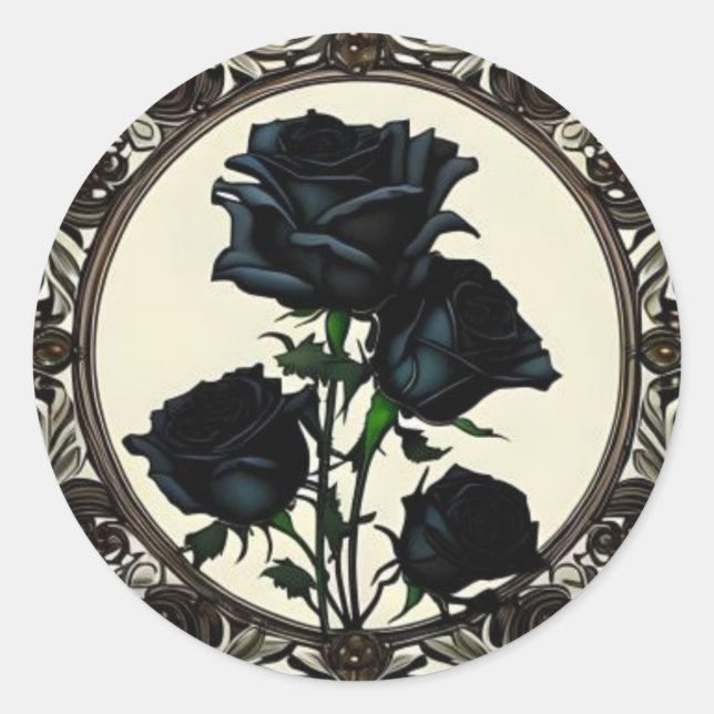 Art Nouveau Black Rose Floral Design Classic Round Sticker (Front)