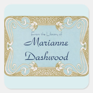 Art Nouveau Blue and Gold Framed Bookplate Square Sticker