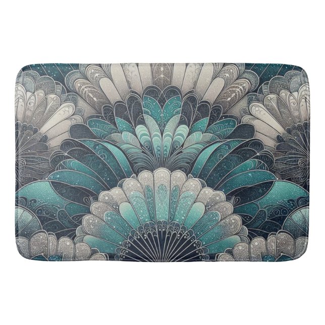 Art Nouveau Blue and Silver Fans Bath Mat (Front)