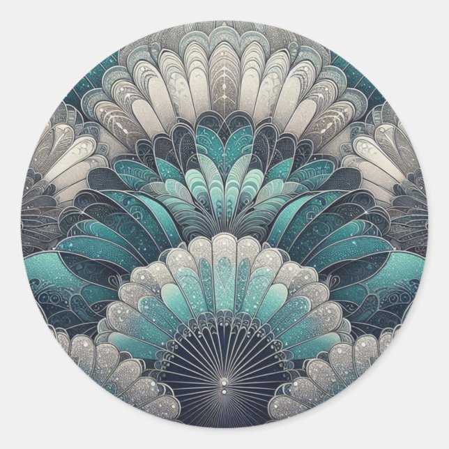 Art Nouveau Blue and Silver Fans Classic Round Sticker (Front)