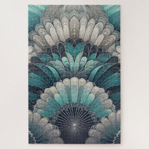Art Nouveau Blue and Silver Fans Jigsaw Puzzle