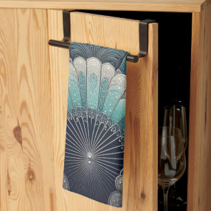 Art Nouveau Blue and Silver Fans Kitchen Towel