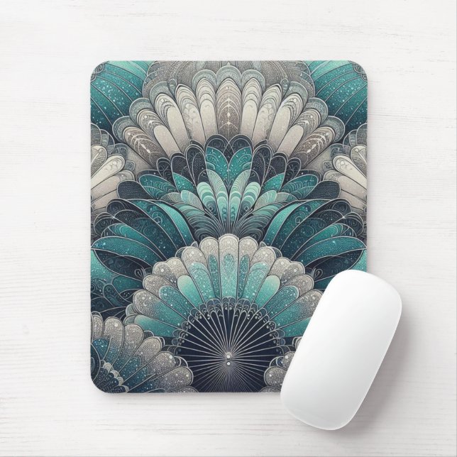 Art Nouveau Blue and Silver Fans Mouse Pad (With Mouse)