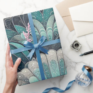 Art Nouveau Blue and Silver Fans Wrapping Paper