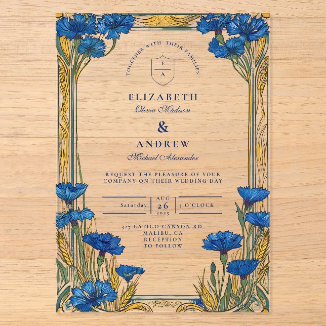 Art Nouveau Blue Cornflower Wedding Acrylic Invitations (Front)