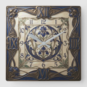 Art Nouveau Blue Floral Motif Square Wall Clock