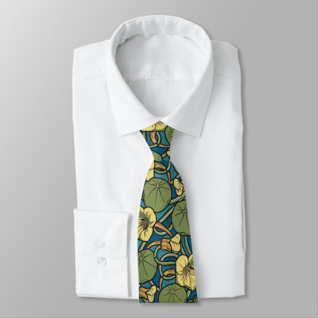 Art Nouveau Blue Flower Pattern Tie (Tied)