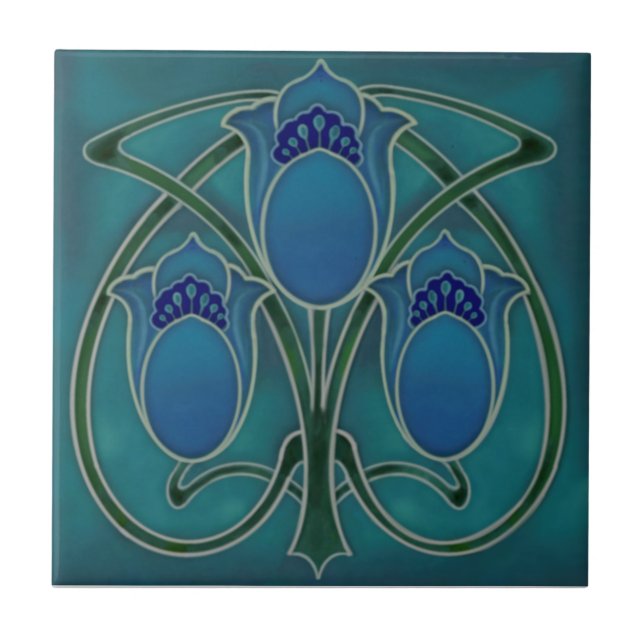 Art Nouveau Blue Green Tulip Trio Repro c1900  Tile (Front)